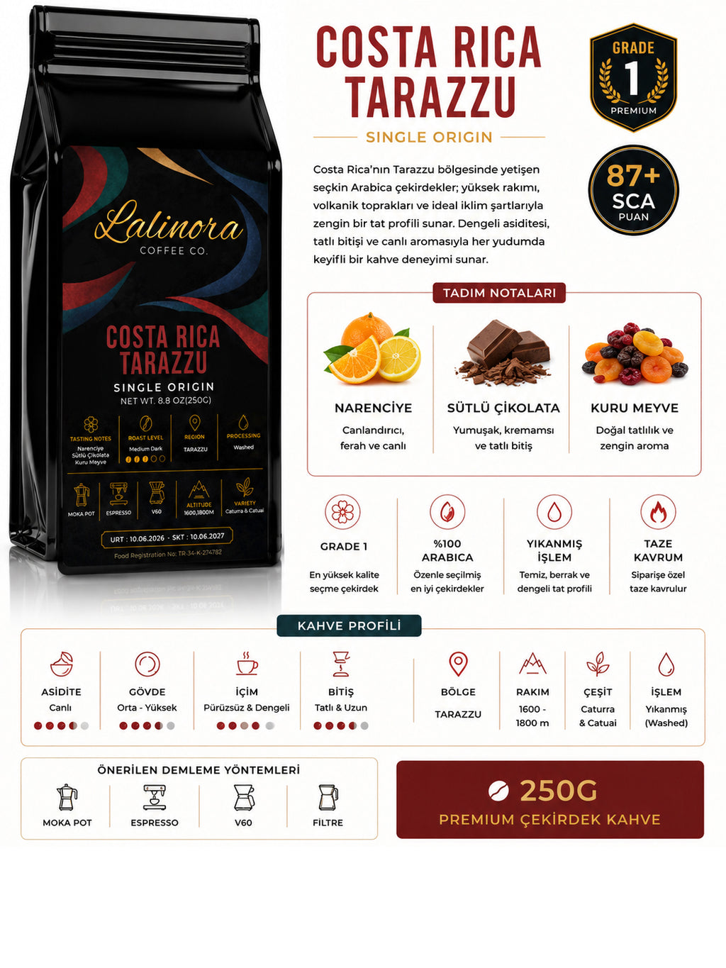 Costa Rica Tarazzu G1 Espresso & Filtre Çekirdek Kahve Nitelikli Single Origin