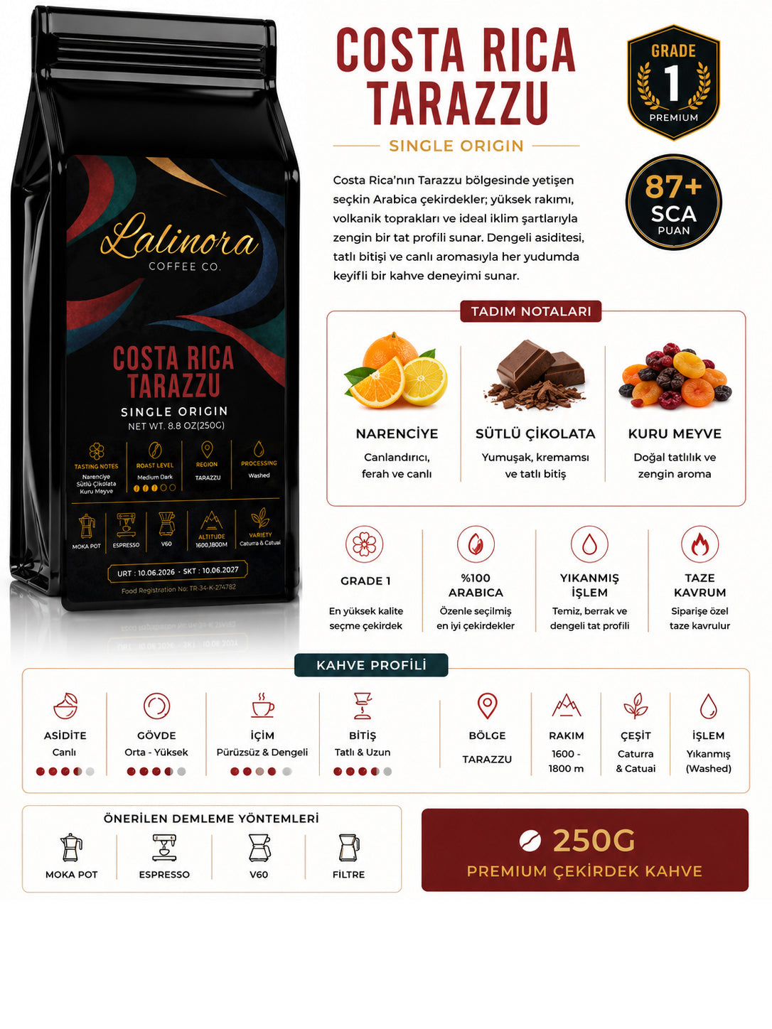 Costa Rica Tarazzu G1 Espresso & Filtre Çekirdek Kahve Nitelikli Single Origin