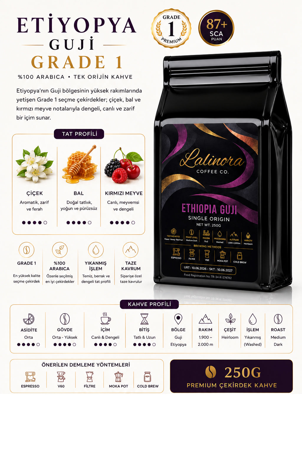 Ethopa Guji G1 Espresso & Filtre Çekirdek Kahve %100 Arabica Single Origin Nitelikli 250 G