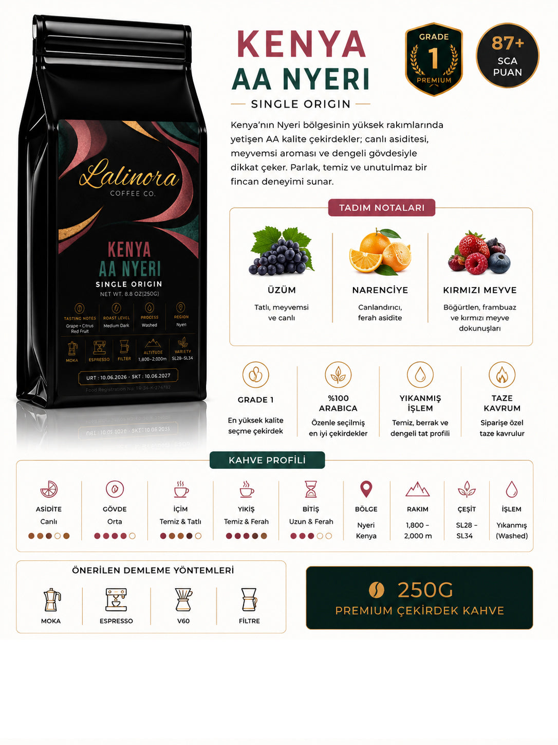 Kenya AA NYERİ G2 Espresso & Filtre Çekirdek Kahve Single Origin Nitelikli %100 Arabica