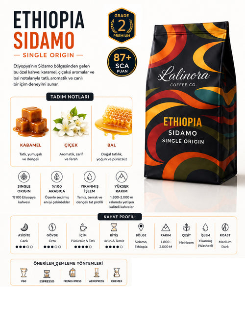 Ethiopia Sidamo Çekirdek Kahve 250G Espresso & Filtre SCA 87 Puan Single Origin Nitelikli