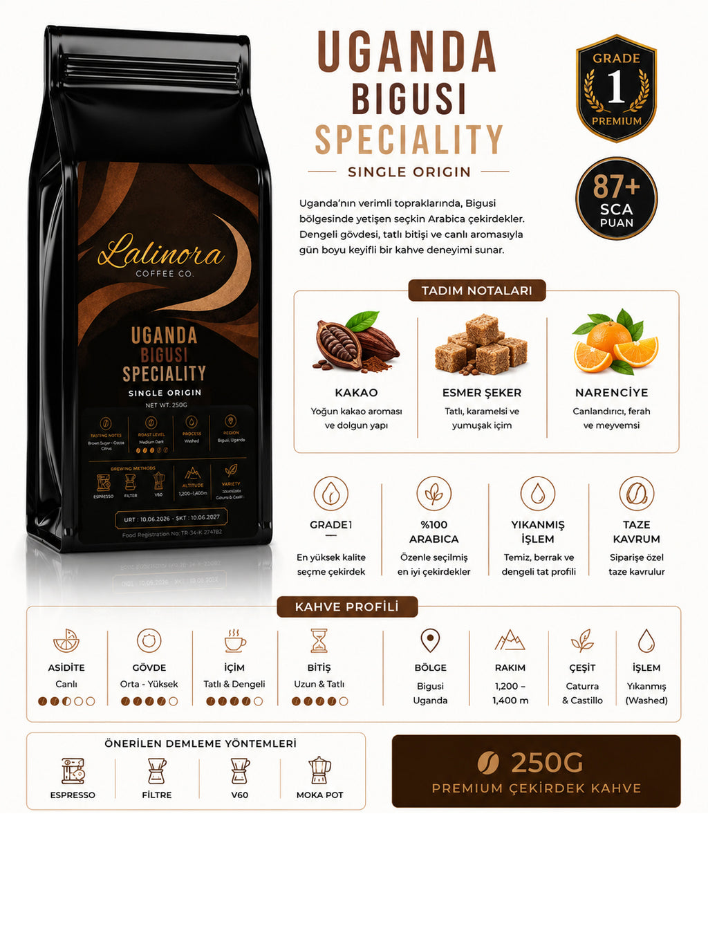 Uganda Bigusi Speciality G1 Espresso & Filtre Çekirdek Kahve Nitelikli Single Origin